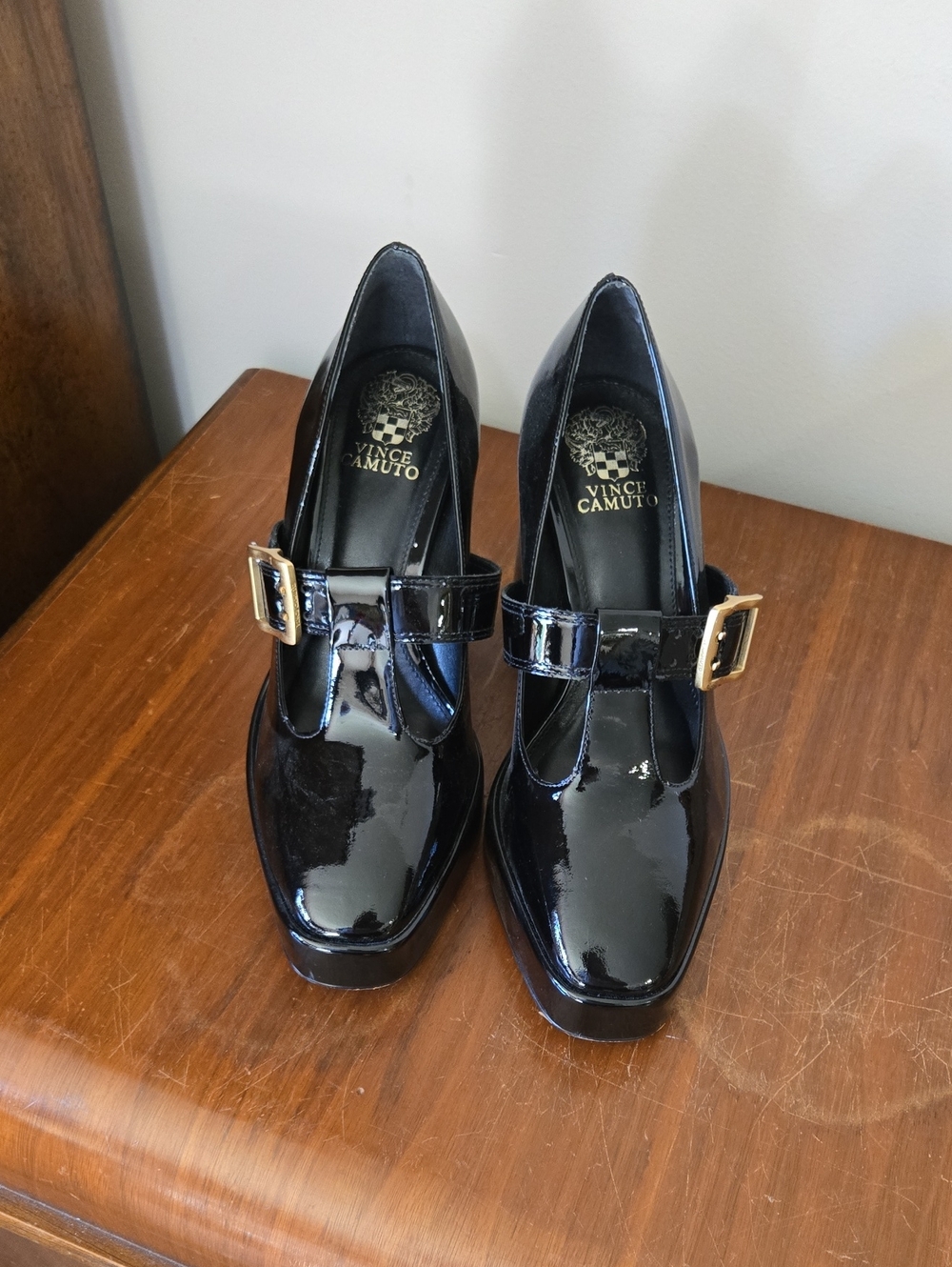 Vince Camuto Black Patent Buckle Block Heels
